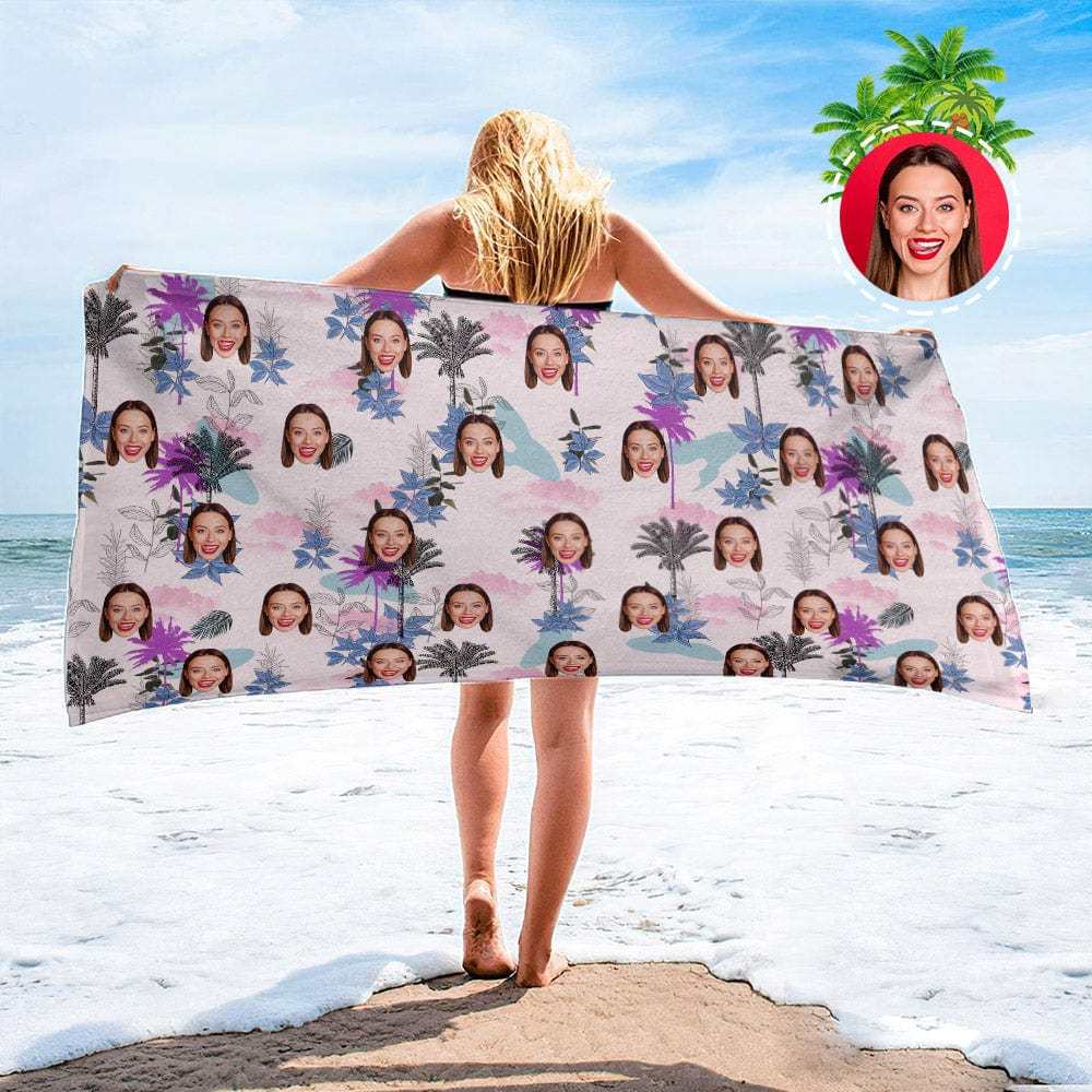 Personalized Beach Towels with Photo Custom Sunset and Coconut Trees Beach Towel - MyFaceBoxer