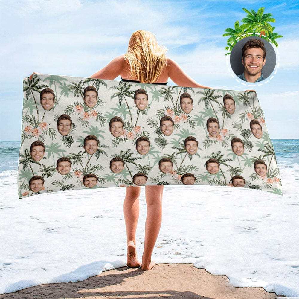 Personalized Beach Towels with Photo Custom Sunset and Coconut Trees Beach Towel - MyFaceBoxer