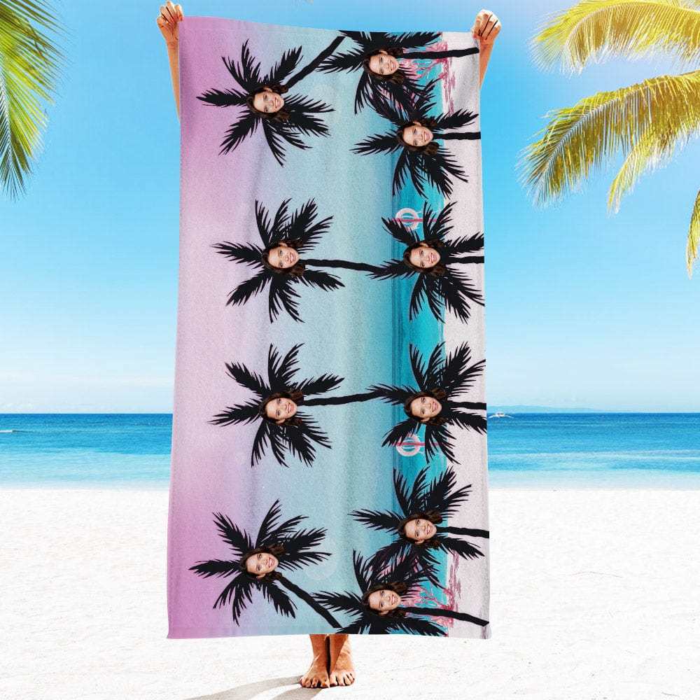 Personalized Beach Towels with Photo Custom Sea and Coconut Trees Beach Towel - MyFaceBoxer