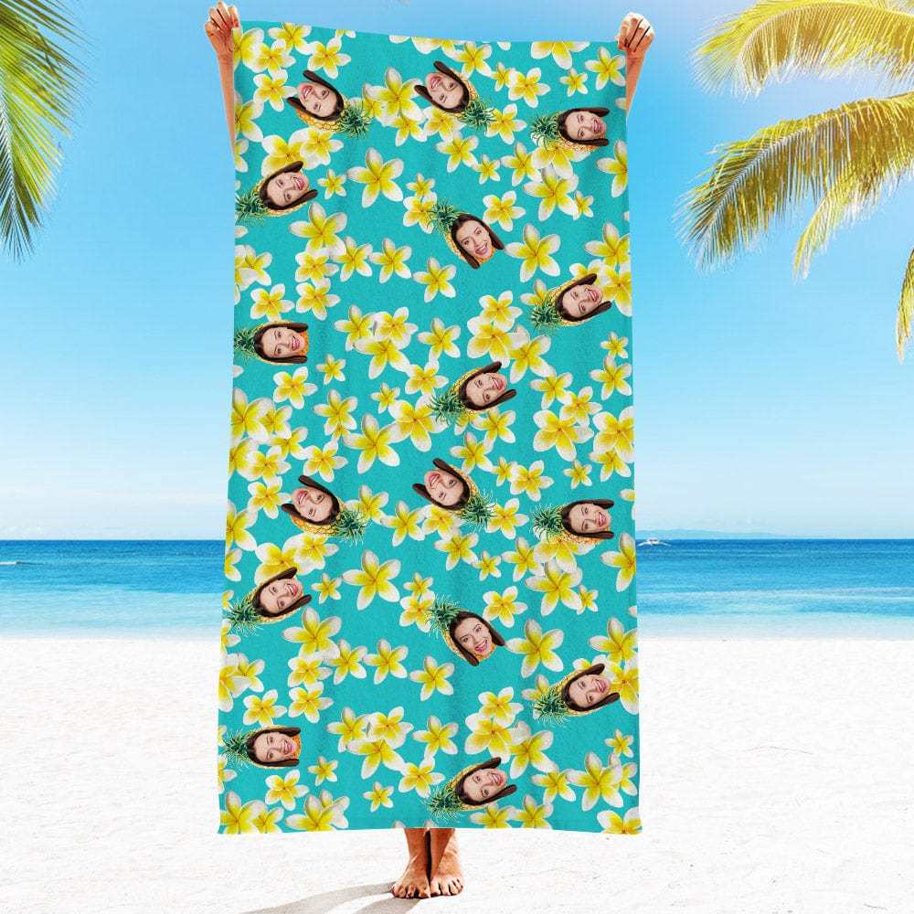Personalized Beach Towels with Photo Custom Pineapples and Flowers Beach Towel - MyFaceBoxer