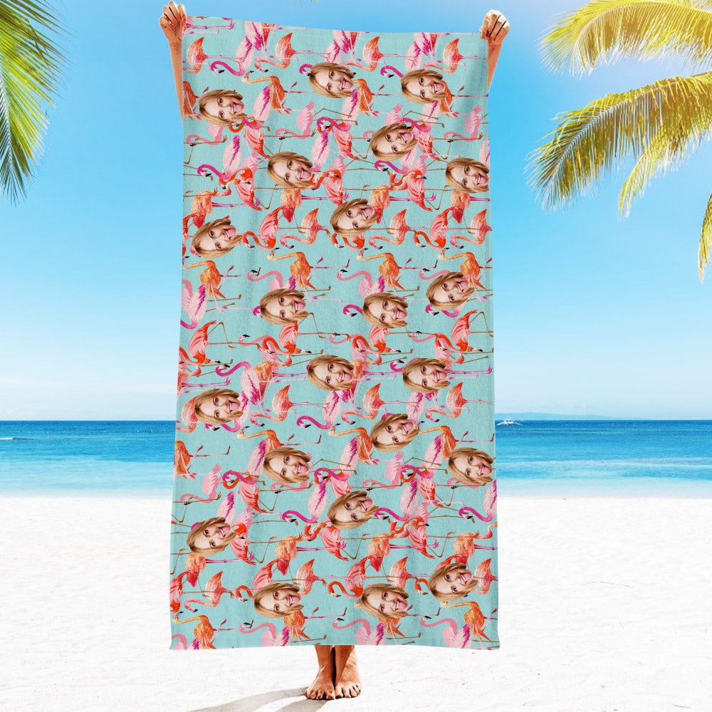 Personalized Beach Towels with Photo Custom Flamingos Beach Towel - MyFaceBoxer