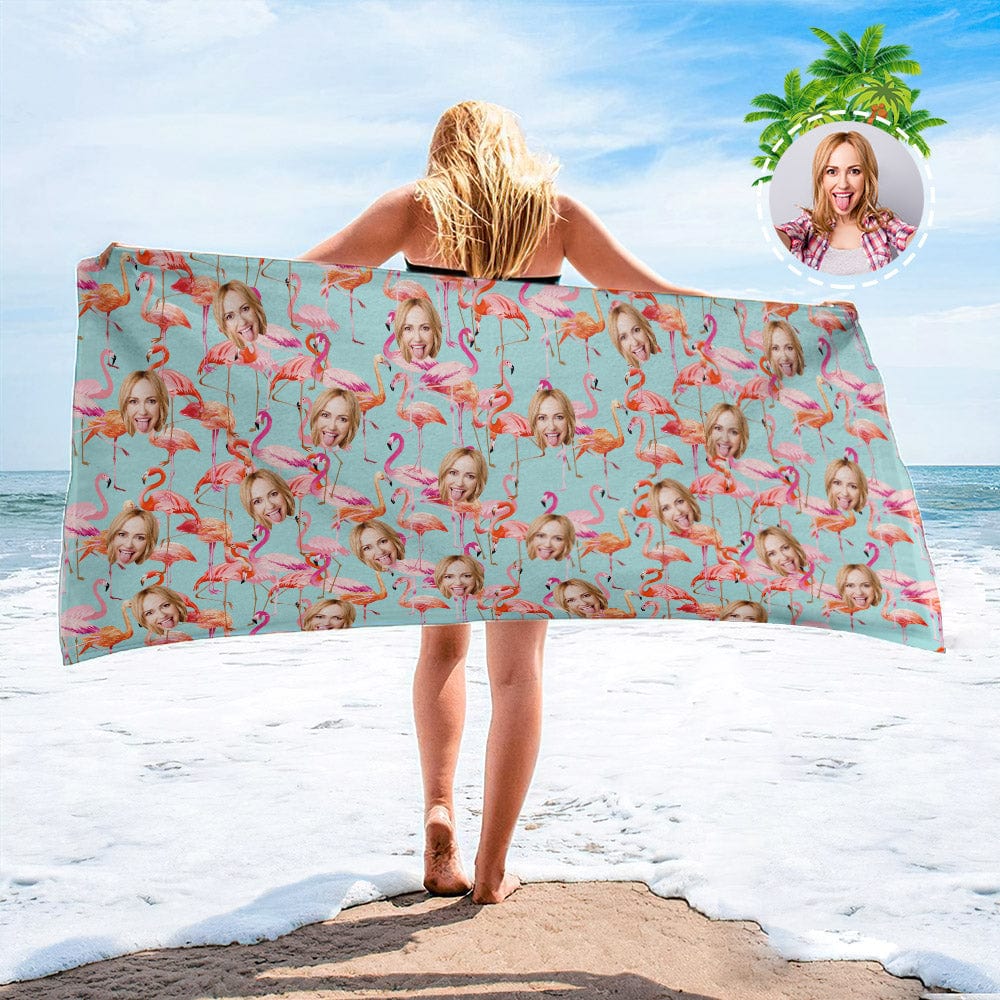 Personalized Beach Towels with Photo Custom Flamingos Beach Towel - MyFaceBoxer