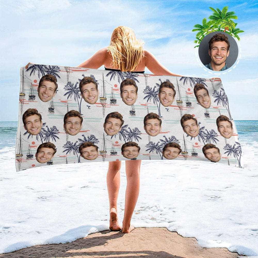 Personalized Beach Towels with Photo Custom Sunset and Coconut Trees Beach Towel - MyFaceBoxer