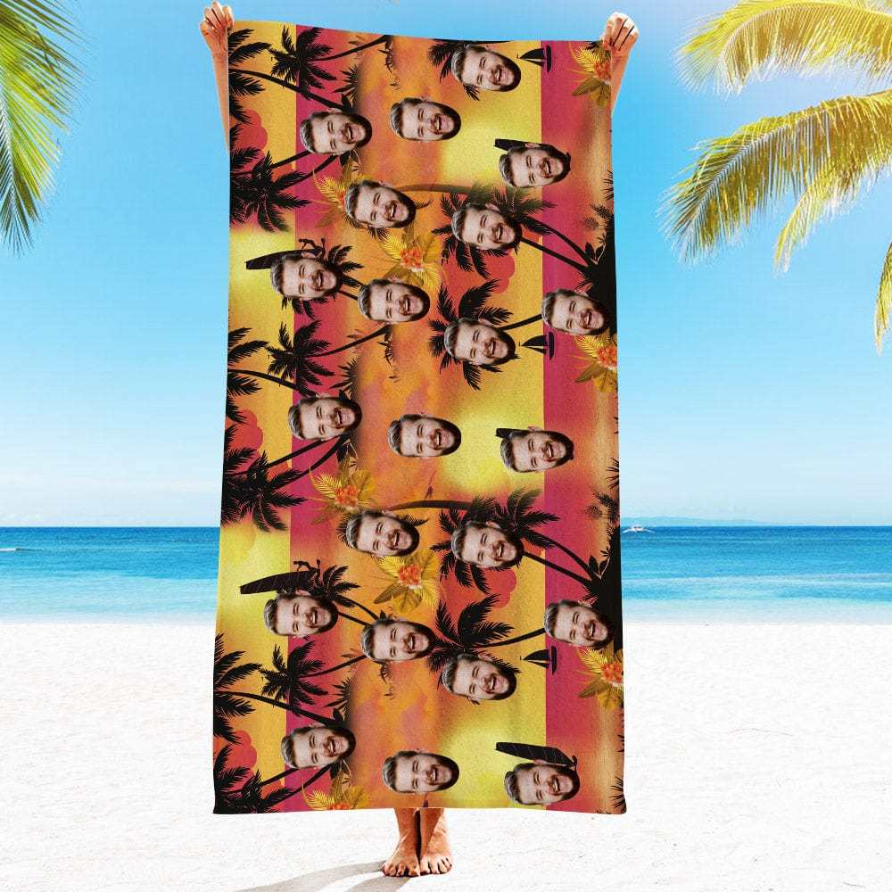 Personalized Beach Towels with Photo Custom Sunset and Coconut Trees Beach Towel - MyFaceBoxer