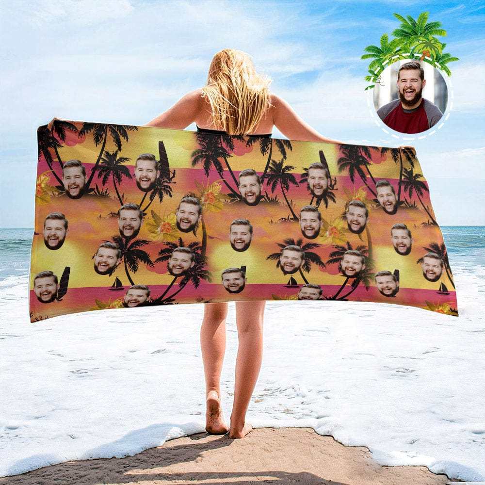 Personalized Beach Towels with Photo Custom Sunset and Coconut Trees Beach Towel - MyFaceBoxer