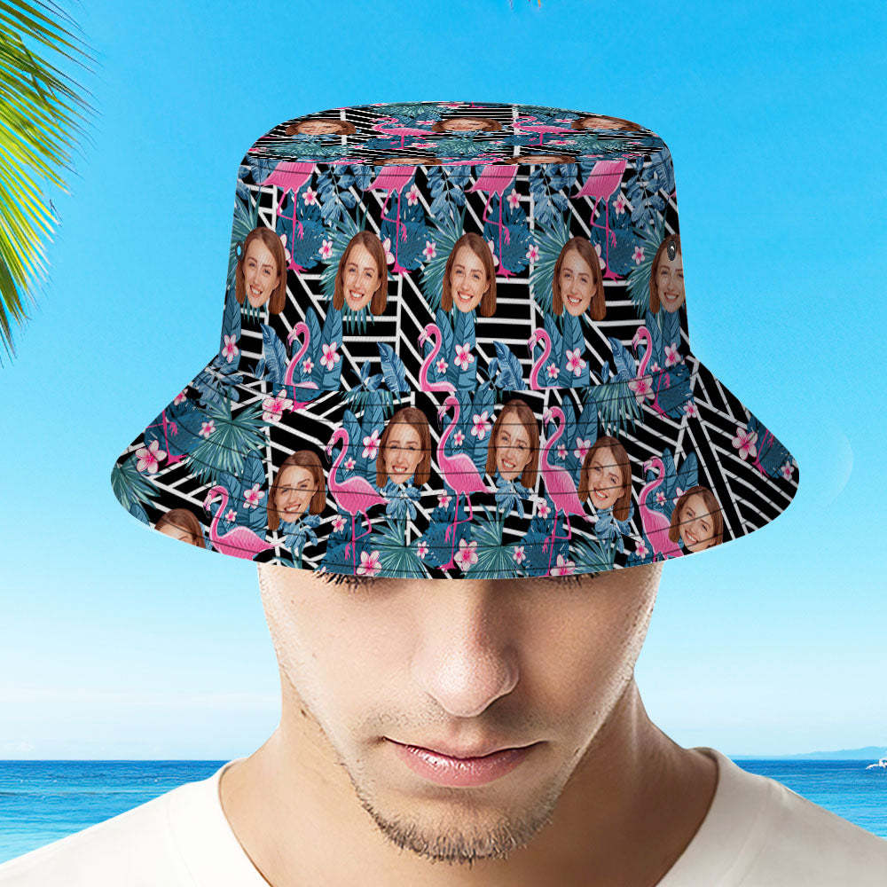Custom Bucket Hat Unisex Face Bucket Hat Personalize Wide Brim Outdoor Summer Cap Hiking Beach Sports Hats Gift for Lover - Flamingo - MyFaceBoxerAU
