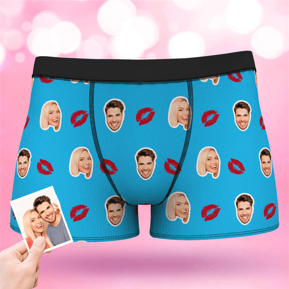 Valentine's Day Couple Men's Custom Face Boxer Shorts - Kiss - MyFaceBoxerAU