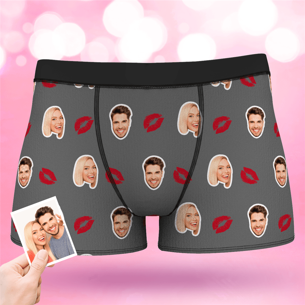 Valentine's Day Couple Men's Custom Face Boxer Shorts - Kiss - MyFaceBoxerAU