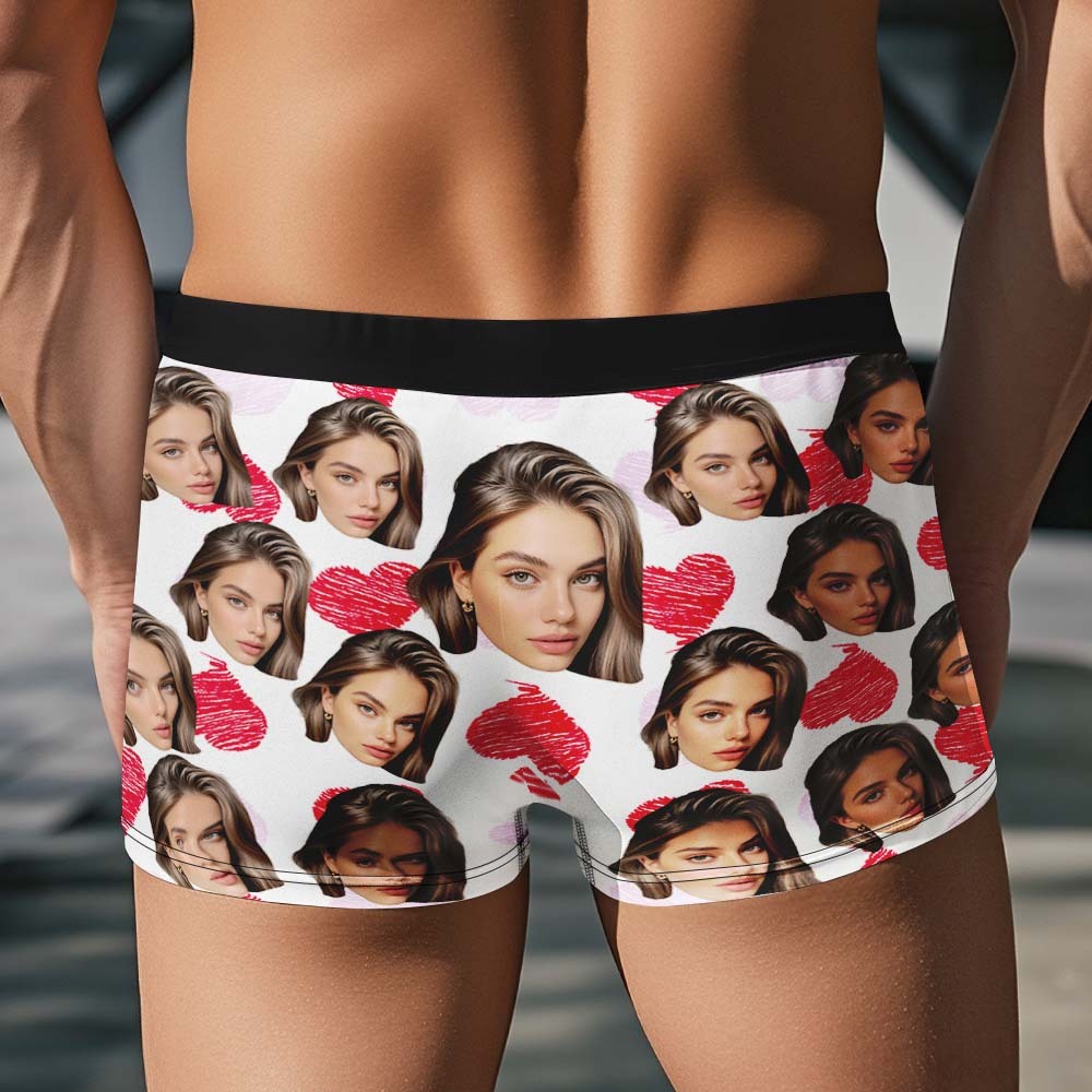 Custom Face Underwear Men's Boxer Briefs Personalized Photo Boxers Breathable Ice Silk Red and Pink Heart - MyfaceboxerAU