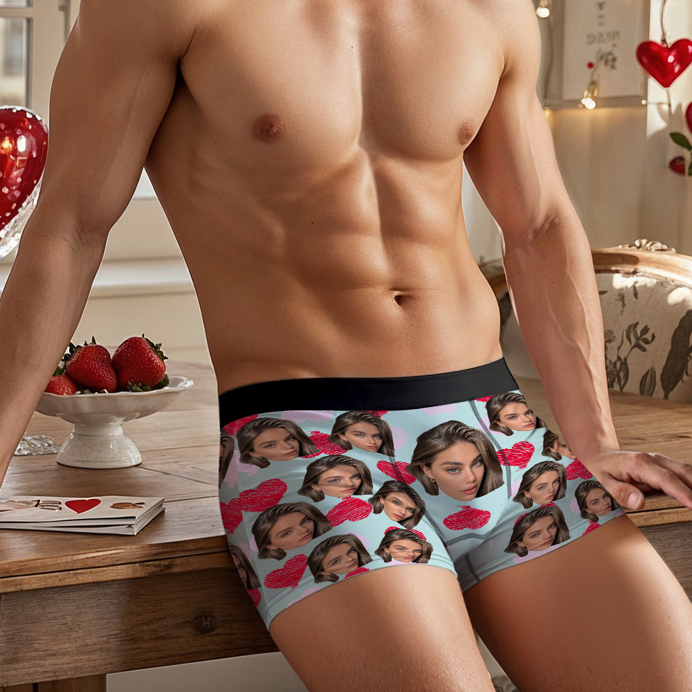 Valentine's Day Gifts Custom Big Face Boxer Shorts Colorful Waistband Boxer Briefs Red and Pink Hearts Gifts For Him - MyFaceBoxerAU