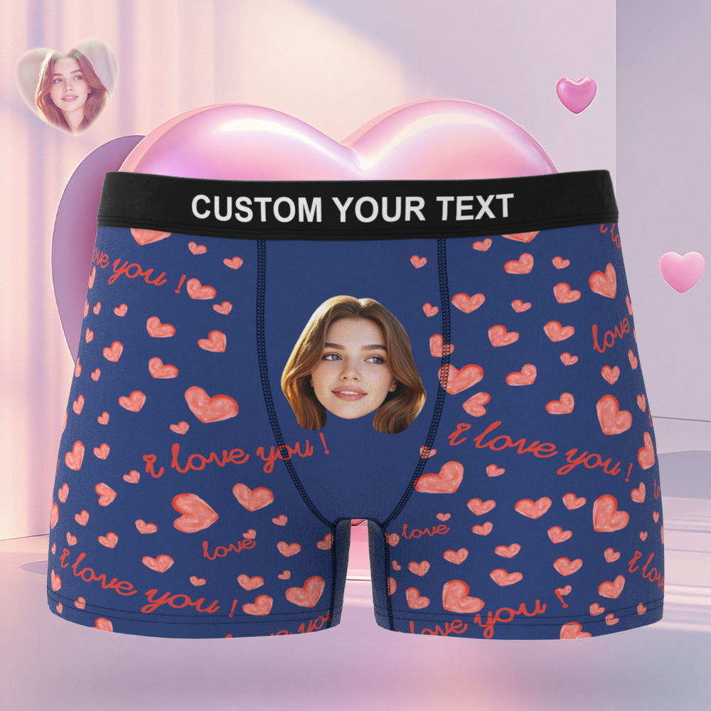 Custom Face Men's Boxer Blue Underwear Gifts for Husband I Love You Heart Men Face Boxer - MyfaceboxerAU