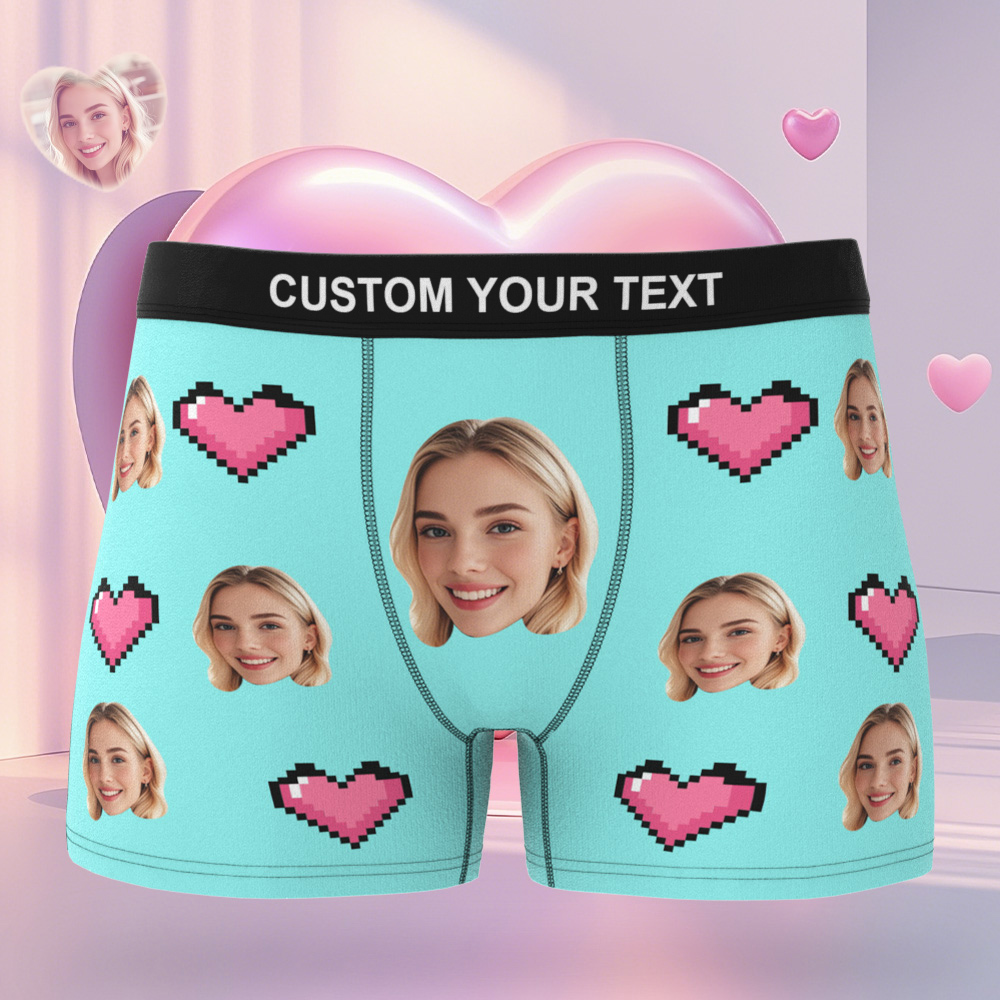 Custom Face Men's Boxer Pink Heart Style Teal Underwear Gifts For Him - MyfaceboxerAU