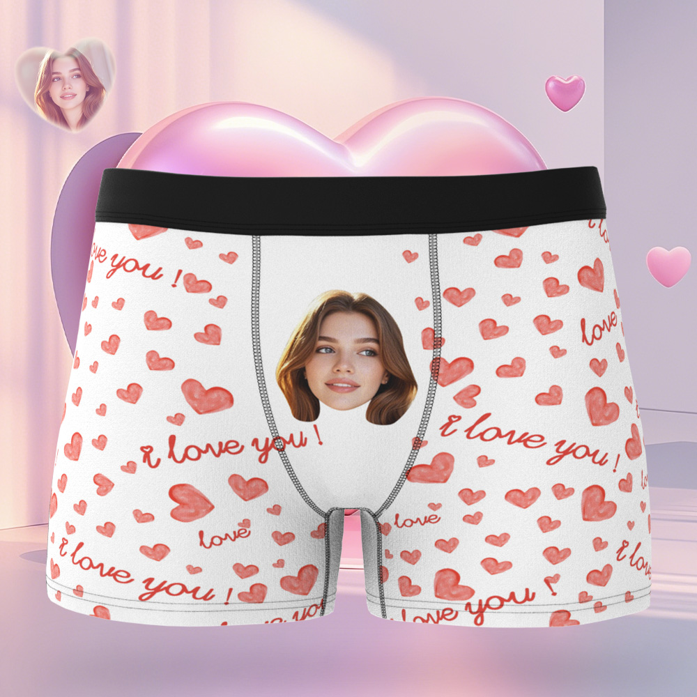 Custom Face Men's Boxer Blue Underwear Gifts for Husband I Love You Heart Men Face Boxer - MyfaceboxerAU