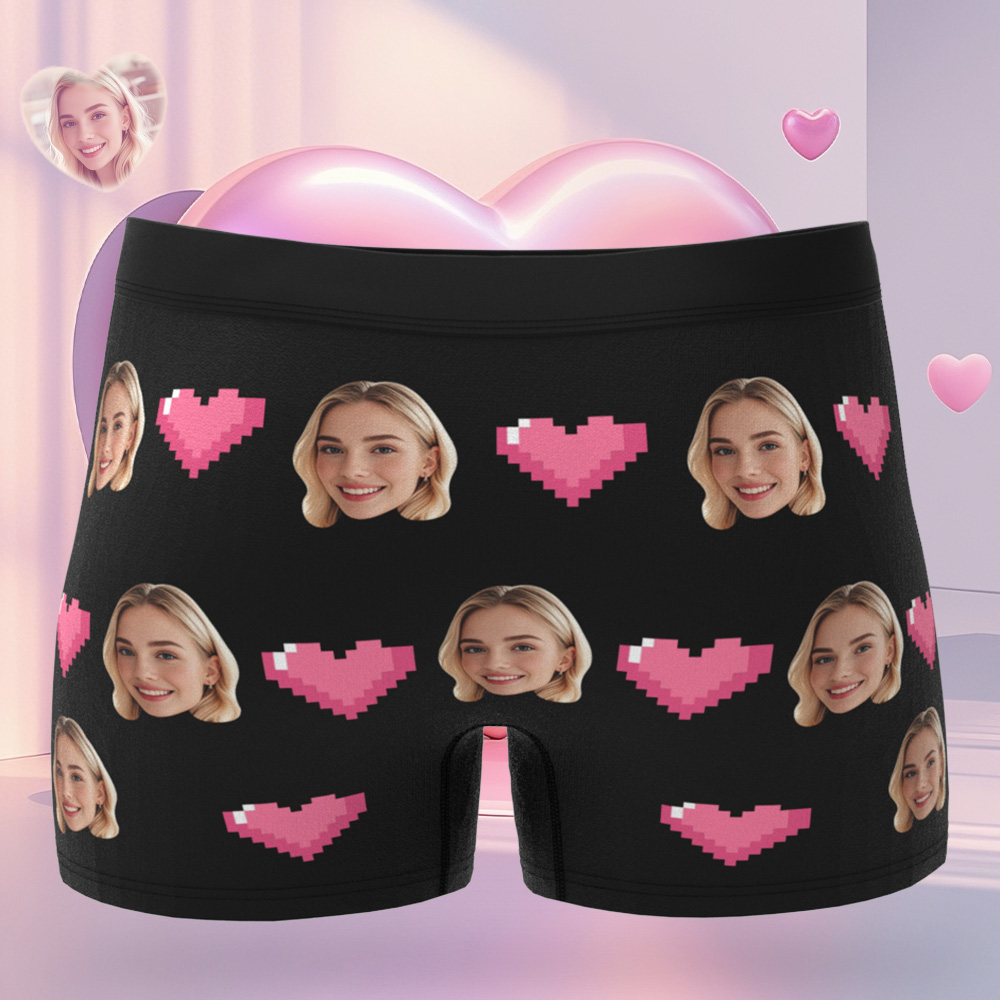 Custom Face Men's Boxer Pink Heart Style Black Underwear Gifts For Him - MyfaceboxerAU