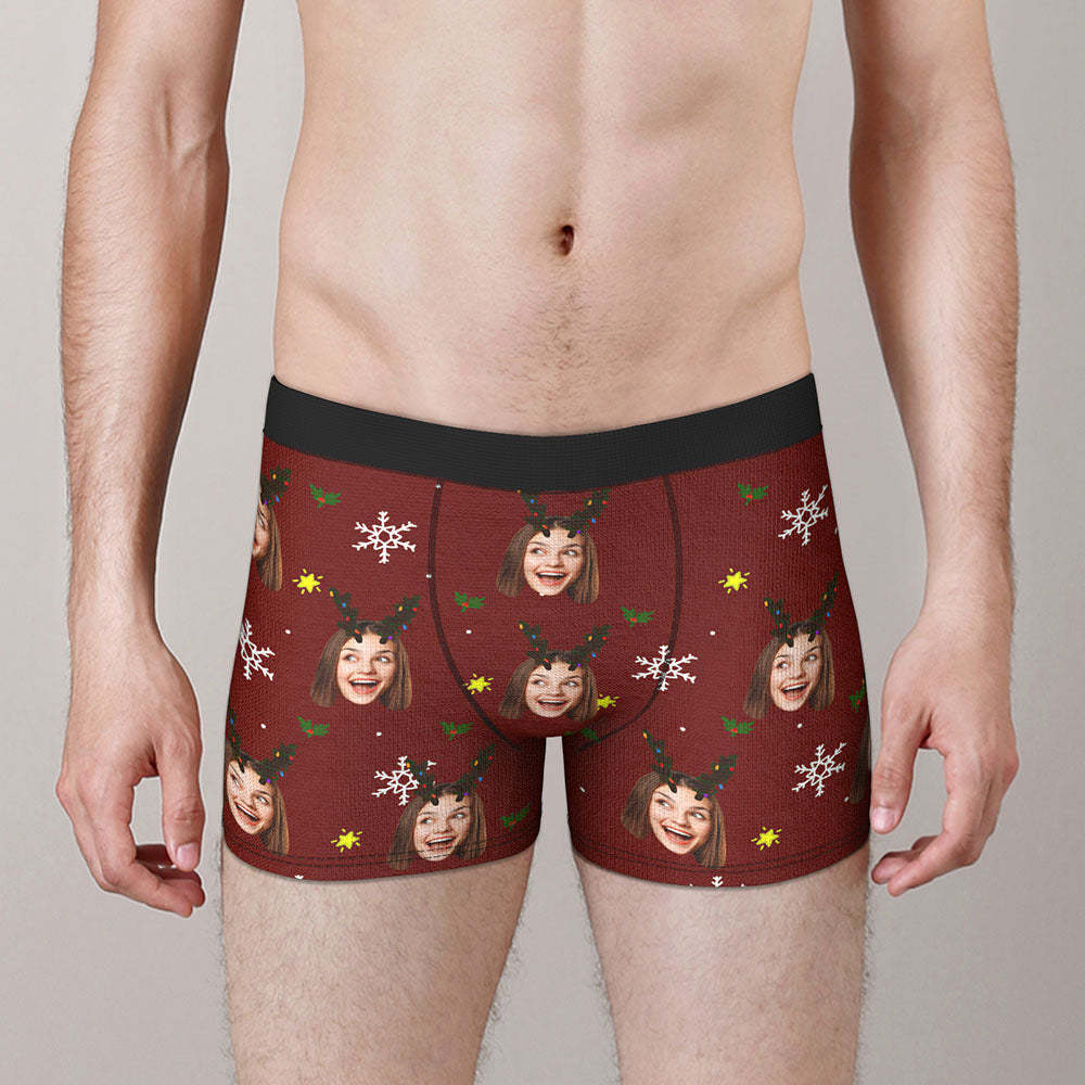 Custom Face Boxers Briefs Personalised Men's Shorts With Photo Snowflake And Antler Christmas Gifts - MyFaceBoxerAU