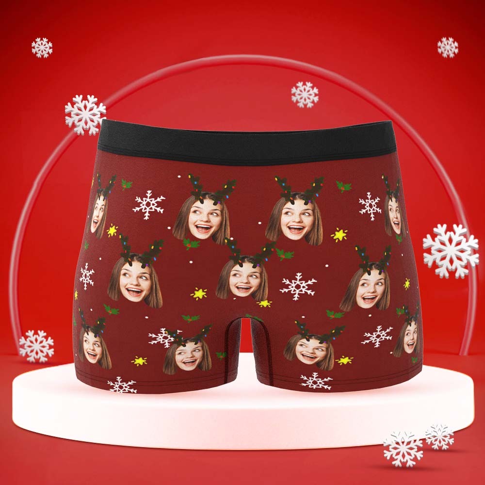 Custom Face Boxers Briefs Personalised Men's Shorts With Photo Snowflake And Antler Christmas Gifts - MyFaceBoxerAU