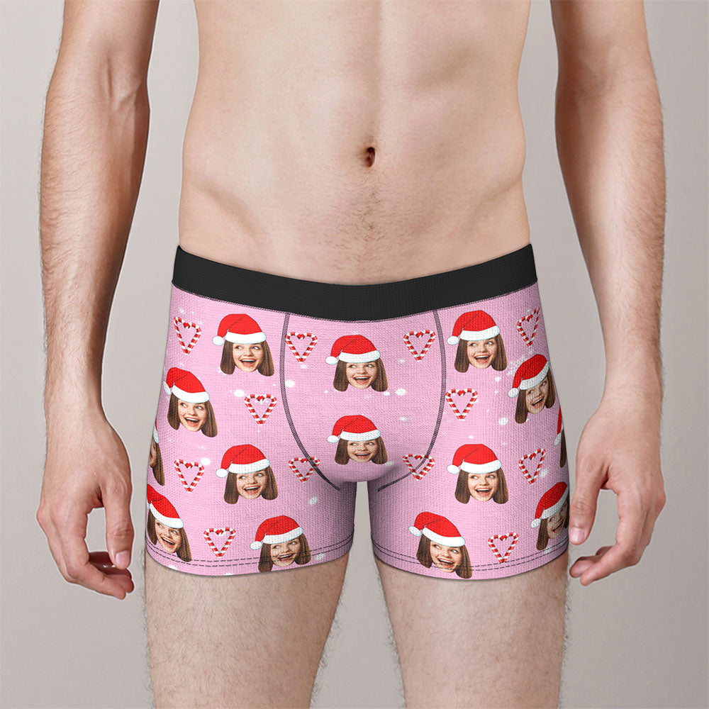 Custom Face Pink Christmas Candy Boxer Briefs Personalised Pink Christmas Gift	 - MyFaceBoxerAU