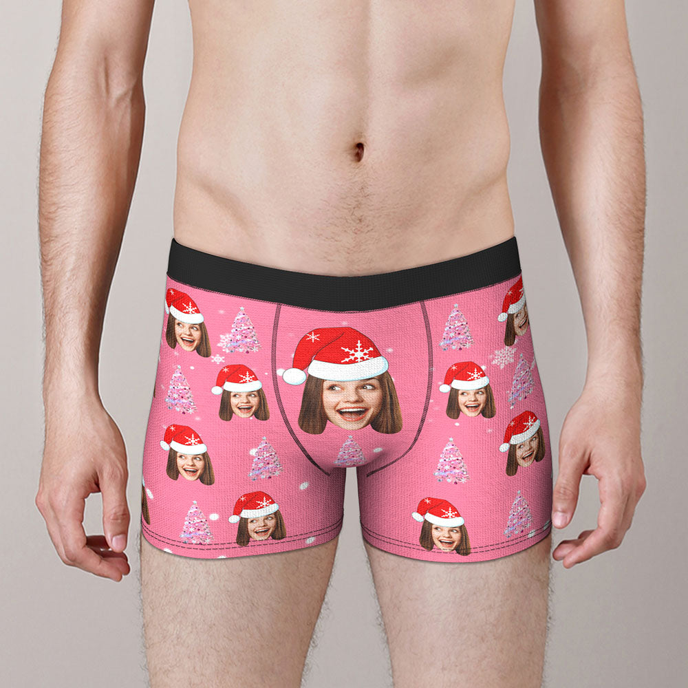 Custom Face Pink Christmas Tree Boxer Briefs Personalised Funny Christmas Gift	 - MyFaceBoxerAU