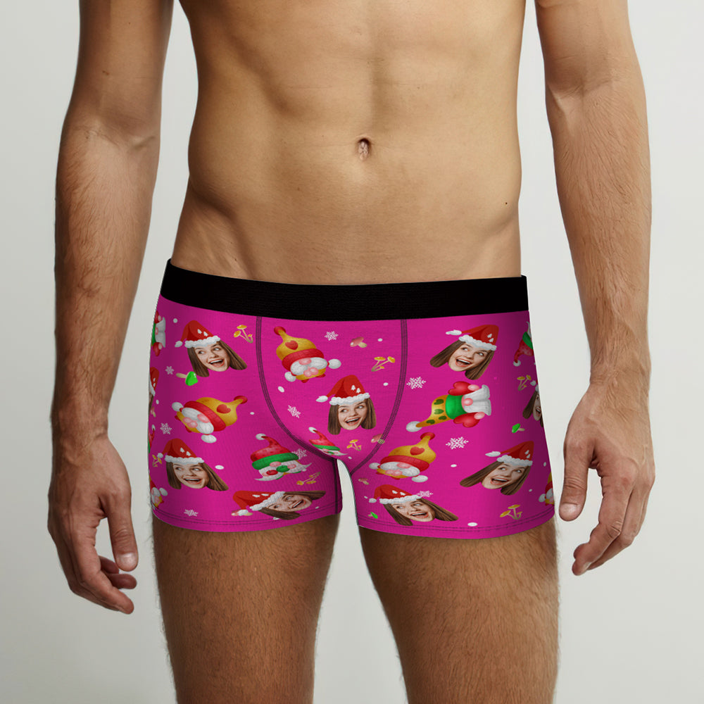 Custom Face Happy Gnomes Pink Christmas Boxer Briefs Personalised Christmas Gift - MyFaceBoxerAU