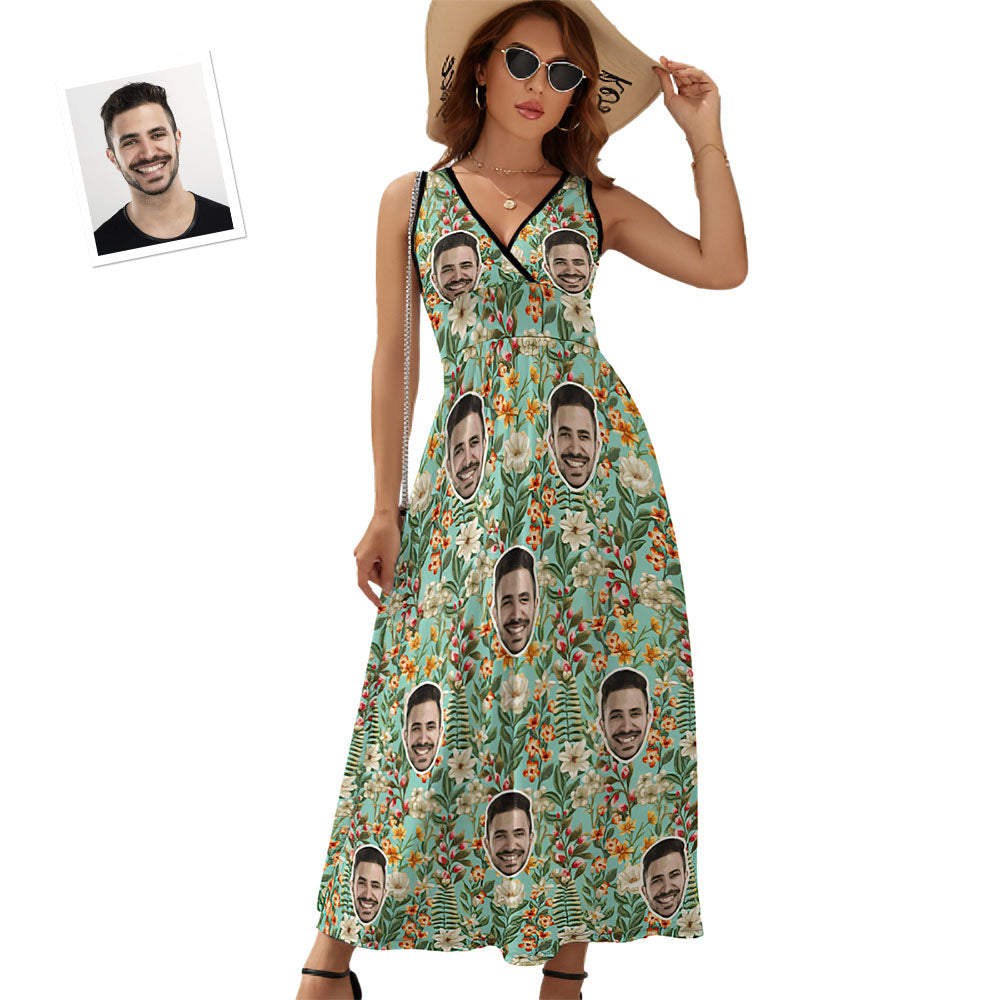 Custom Face Fashion Floral Print Dress Personalized Beach Dress Casual Loose Party Long Dress