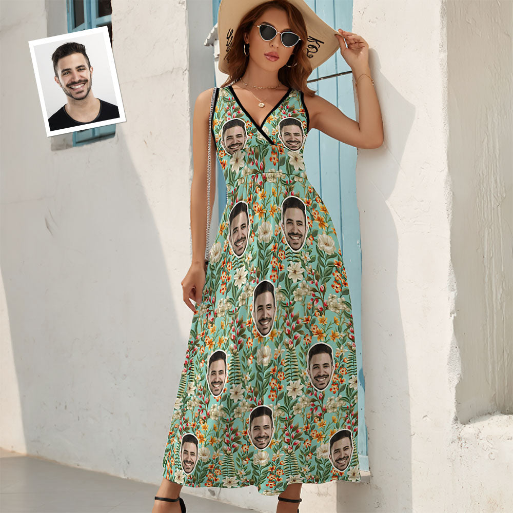 Custom Face Fashion Floral Print Dress Personalized Beach Dress Casual Loose Party Long Dress