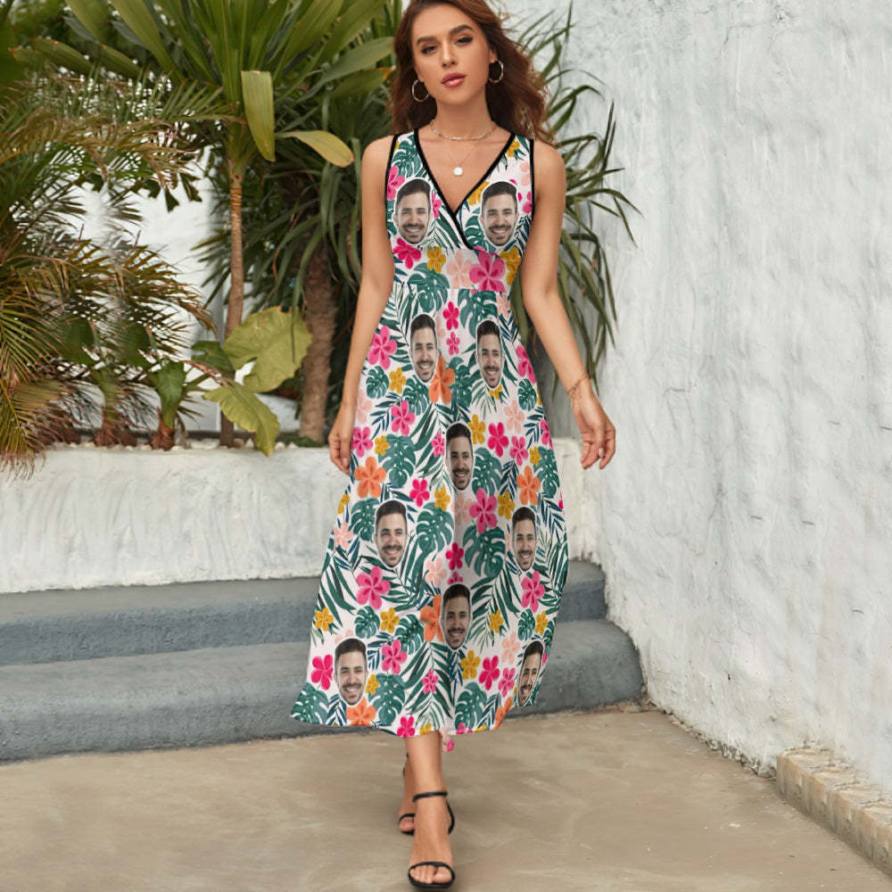 Custom Face Dress Personalized Hawaiian Floral Long Skirt Gift for Her