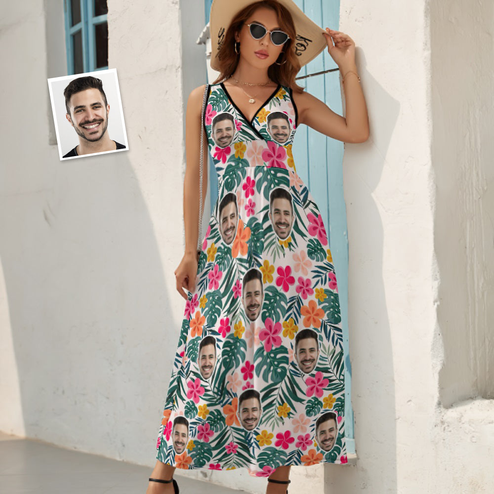 Custom Face Dress Personalized Hawaiian Floral Long Skirt Gift for Her