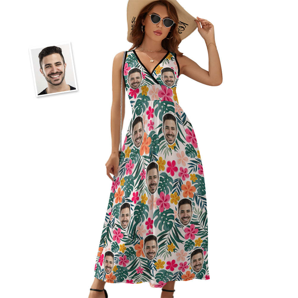 Custom Face Dress Personalized Hawaiian Floral Long Skirt Gift for Her