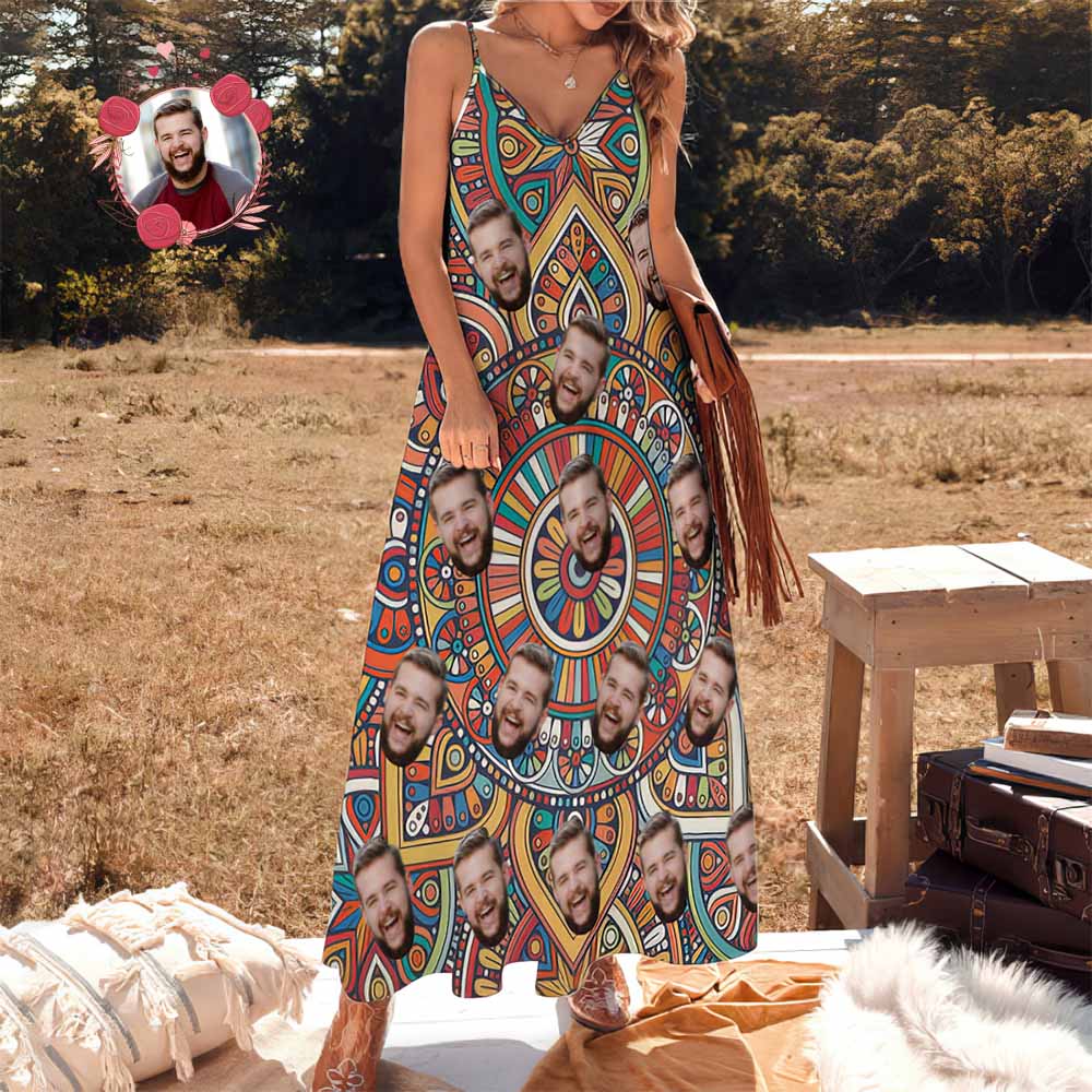 Custom Face Vintage Boho Dress Personalized Beach Dress Casual Loose Party Long Dress