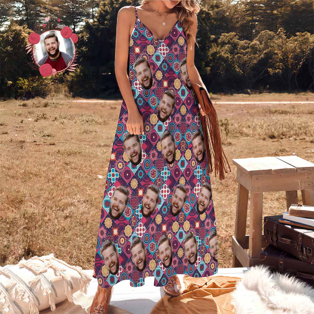 Custom Face Dress Vintage Boho Flower Pattern Personalized Casual Loose Party Long Dress