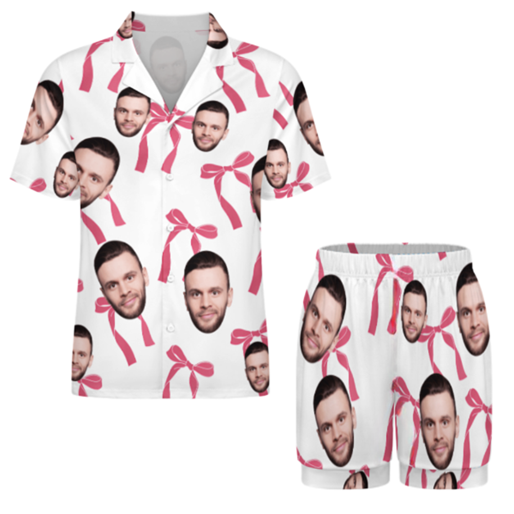 Custom Face Short Sleeve Pajamas Custom Bow Couple Gift Photo Pajamas Suit - MyfaceboxerAU