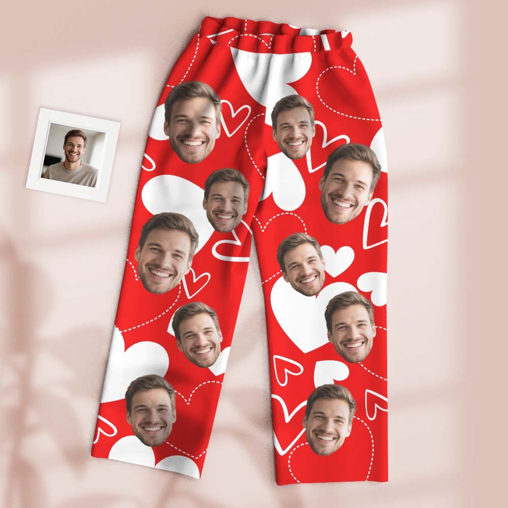 Custom Pajamas Pants White Base Hollow Dotted Line Solid Heart Valentine's Gift for Her - MyfaceboxerAU