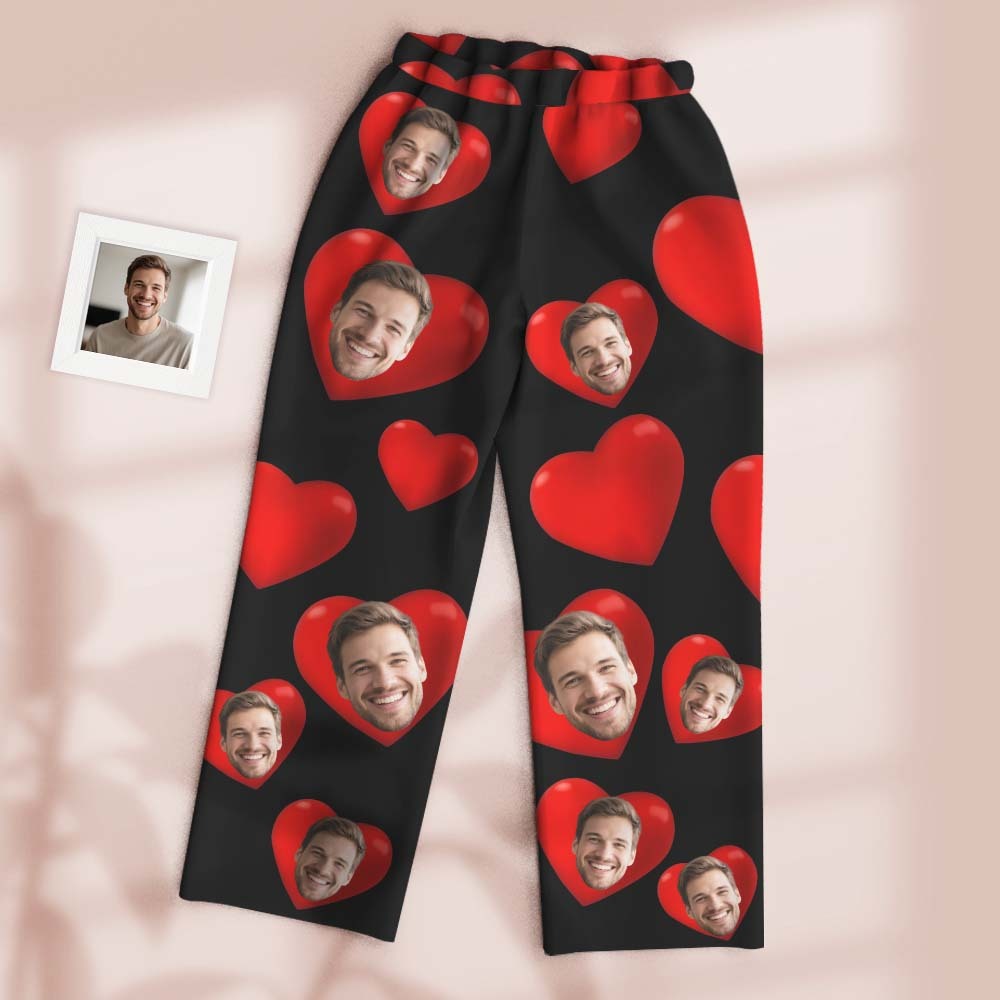 Custom Pajamas Pants Dark Tone with Embedded Photo Hearts Adjustable Waistband Multiple Color Options Valentine's Day Gift - MyfaceboxerAU