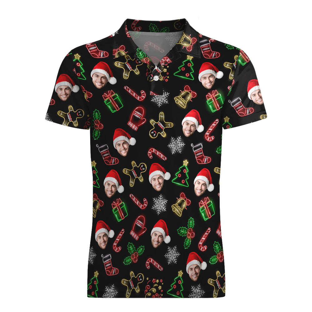 Men's Custom Face Christmas Neon Polo Shirt Personalized Short Sleeve Golf Shirts Gift - MyFaceBoxerAU