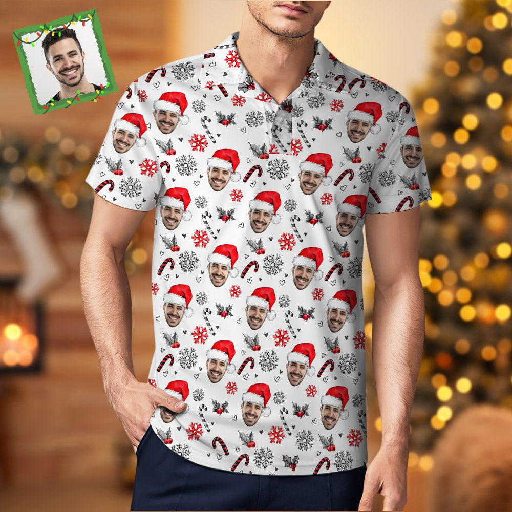 Men's Custom Face Shirt Personalized Face With Christmas Hat Pattern Golf Polo Shirts