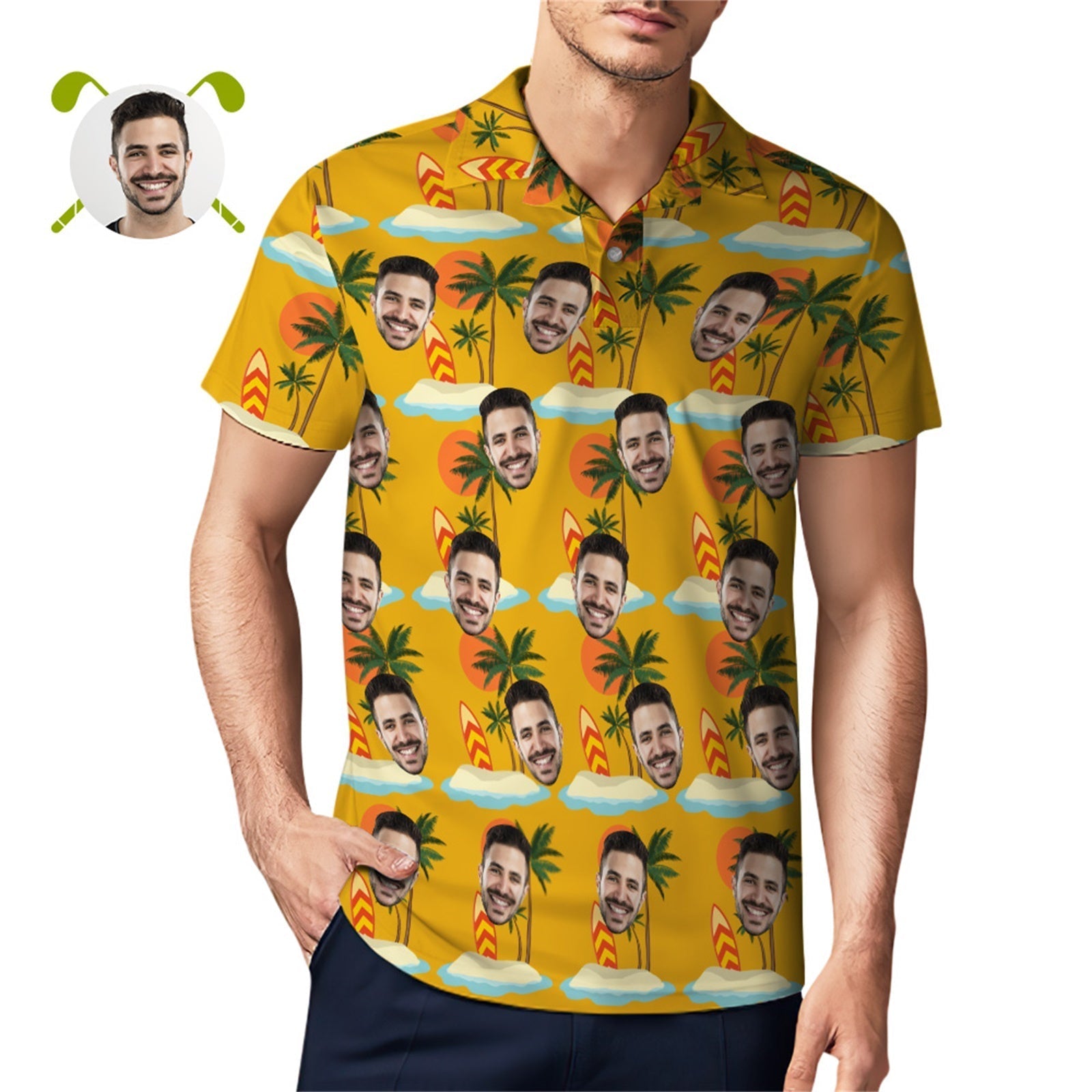 Custom Face Polo Shirt For Men Coconut Tree Beach Shirt Hawaiian Golf Shirts