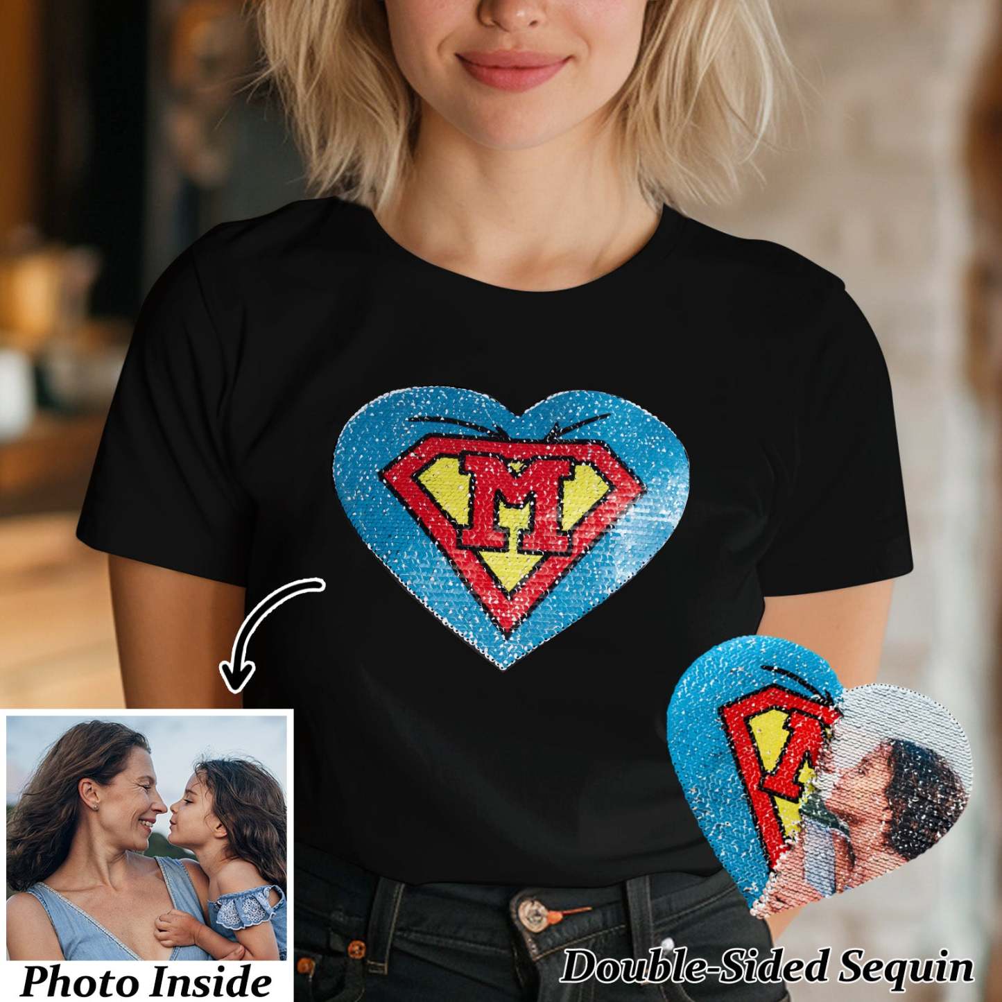 Custom Shirt Personalized Photo Heart Flip Double Sided Sequin T-shirt Personalized T-shirt Custom Picture Sequin Tee Mother's Day Gifts - MyFaceBoxer
