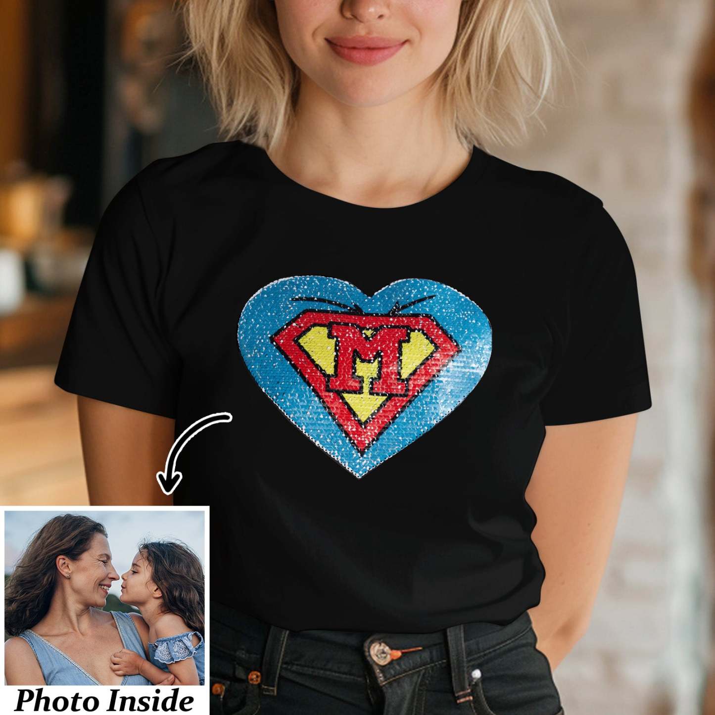 Custom Shirt Personalized Photo Heart Flip Double Sided Sequin T-shirt Personalized T-shirt Custom Picture Sequin Tee Mother's Day Gifts - MyFaceBoxer