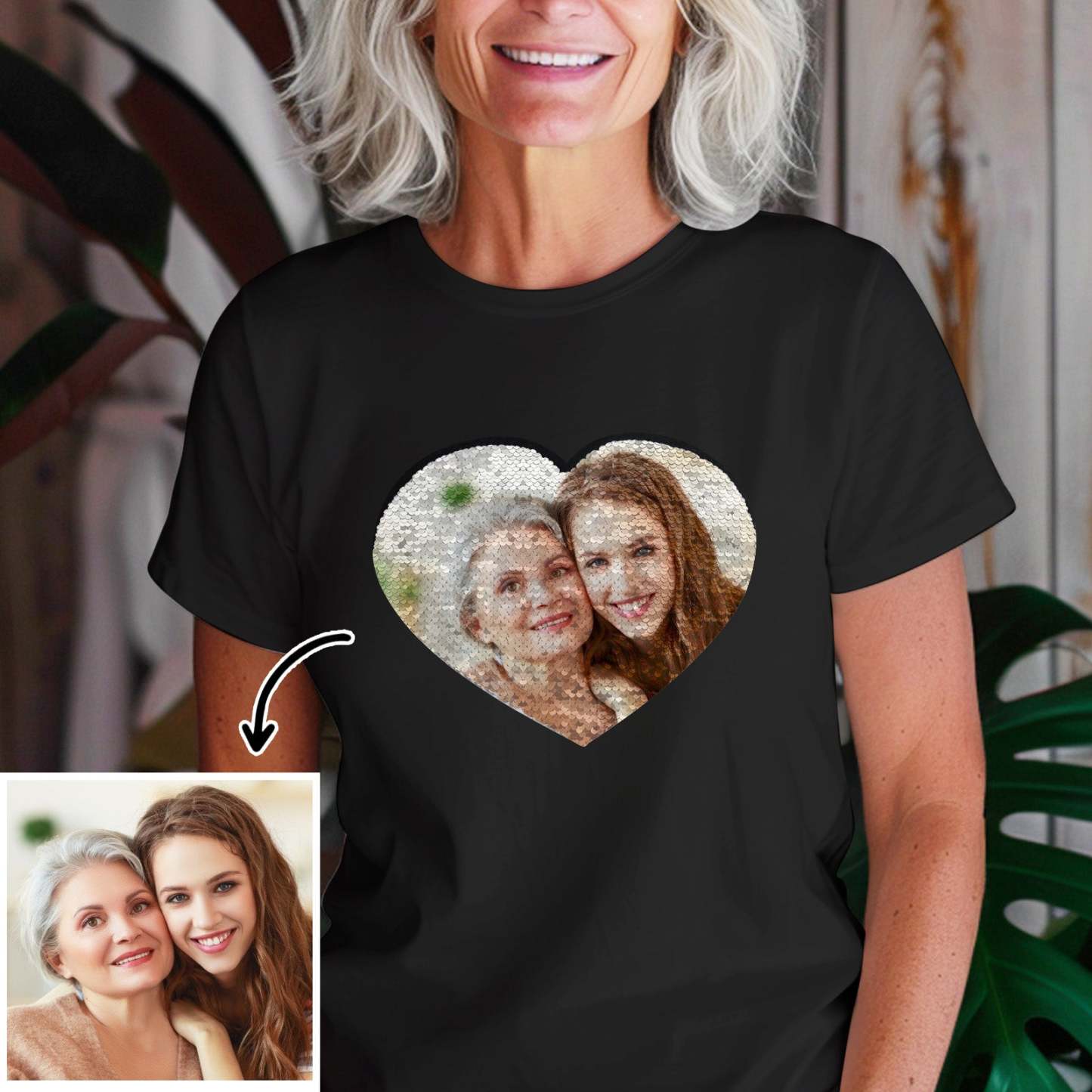 Custom Shirt Personalized Photo Heart Flip Double Sided Sequin T-shirt Personalized T-shirt Custom Picture Sequin Tee Mother's Day Gifts - MyFaceBoxer