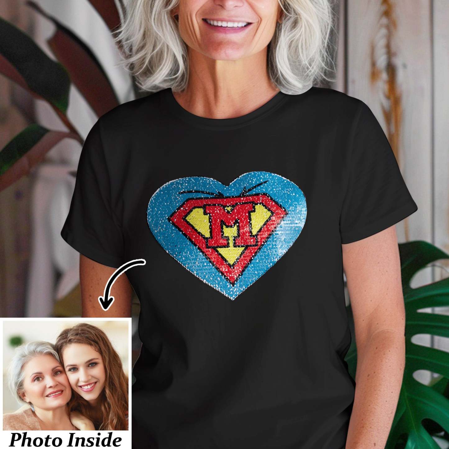 Custom Shirt Personalized Photo Heart Flip Double Sided Sequin T-shirt Personalized T-shirt Custom Picture Sequin Tee Mother's Day Gifts - MyFaceBoxer