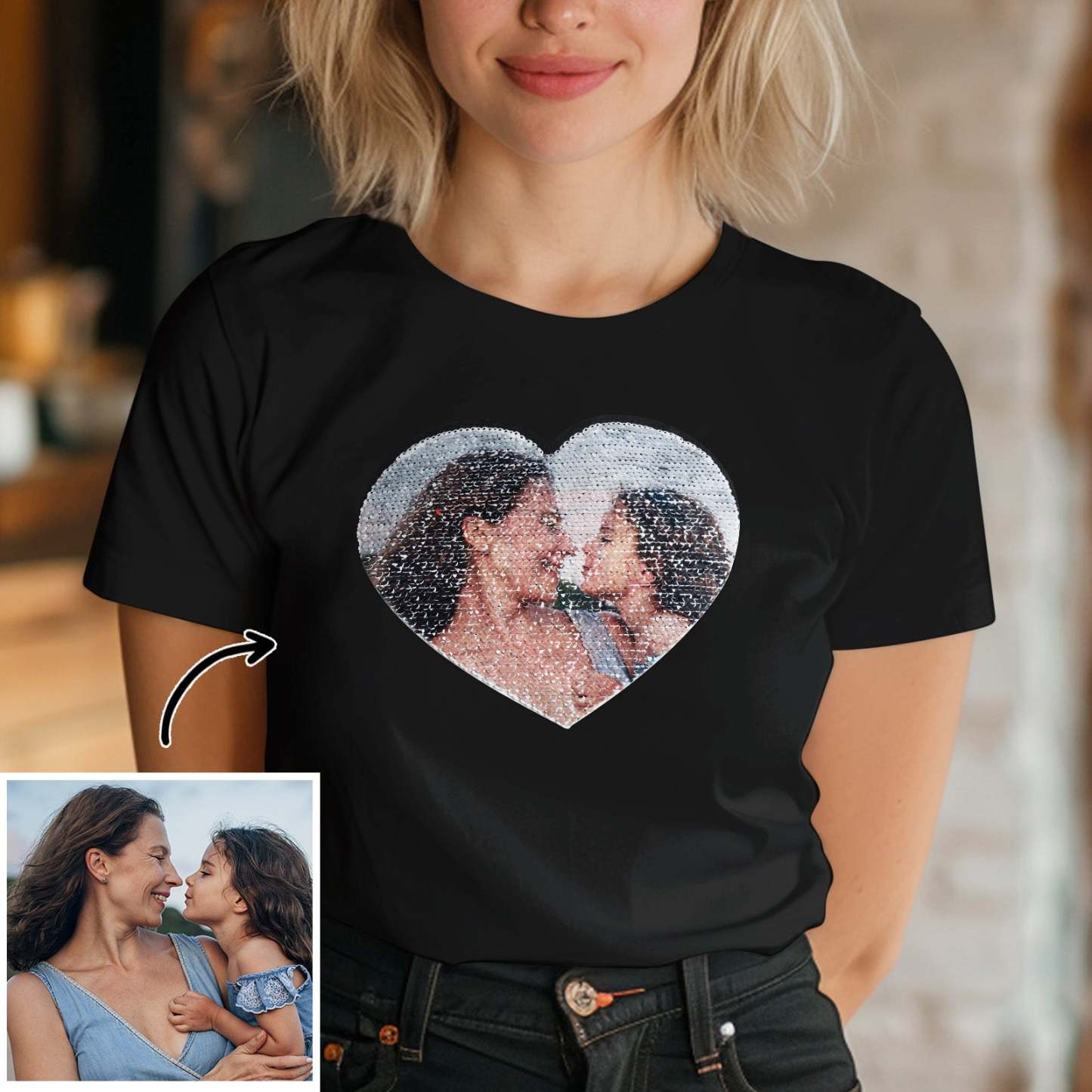 Custom Shirt Personalized Photo Heart Flip Double Sided Sequin T-shirt Personalized T-shirt Custom Picture Sequin Tee Mother's Day Gifts - MyFaceBoxer