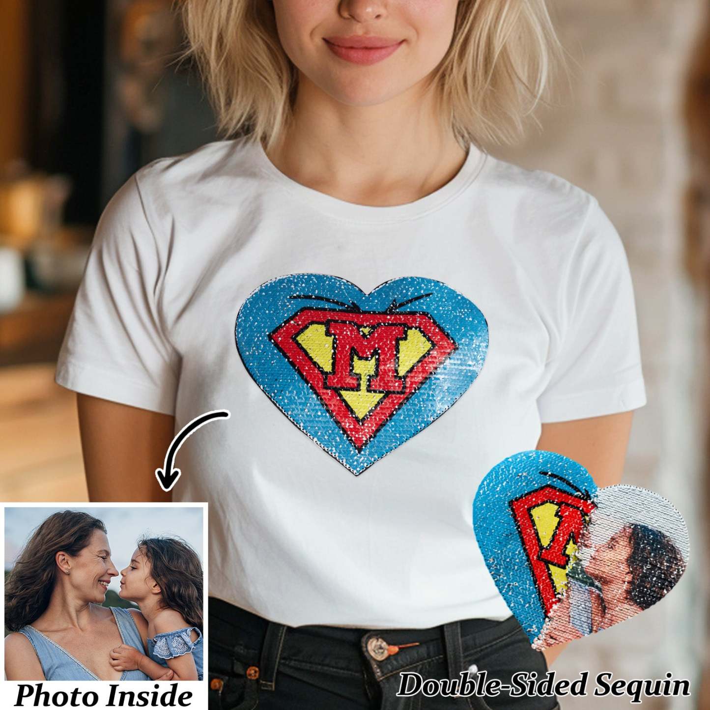 Custom Shirt Personalized Photo Heart Flip Double Sided Sequin T-shirt Personalized T-shirt Custom Picture Sequin Tee Mother's Day Gifts - MyFaceBoxer