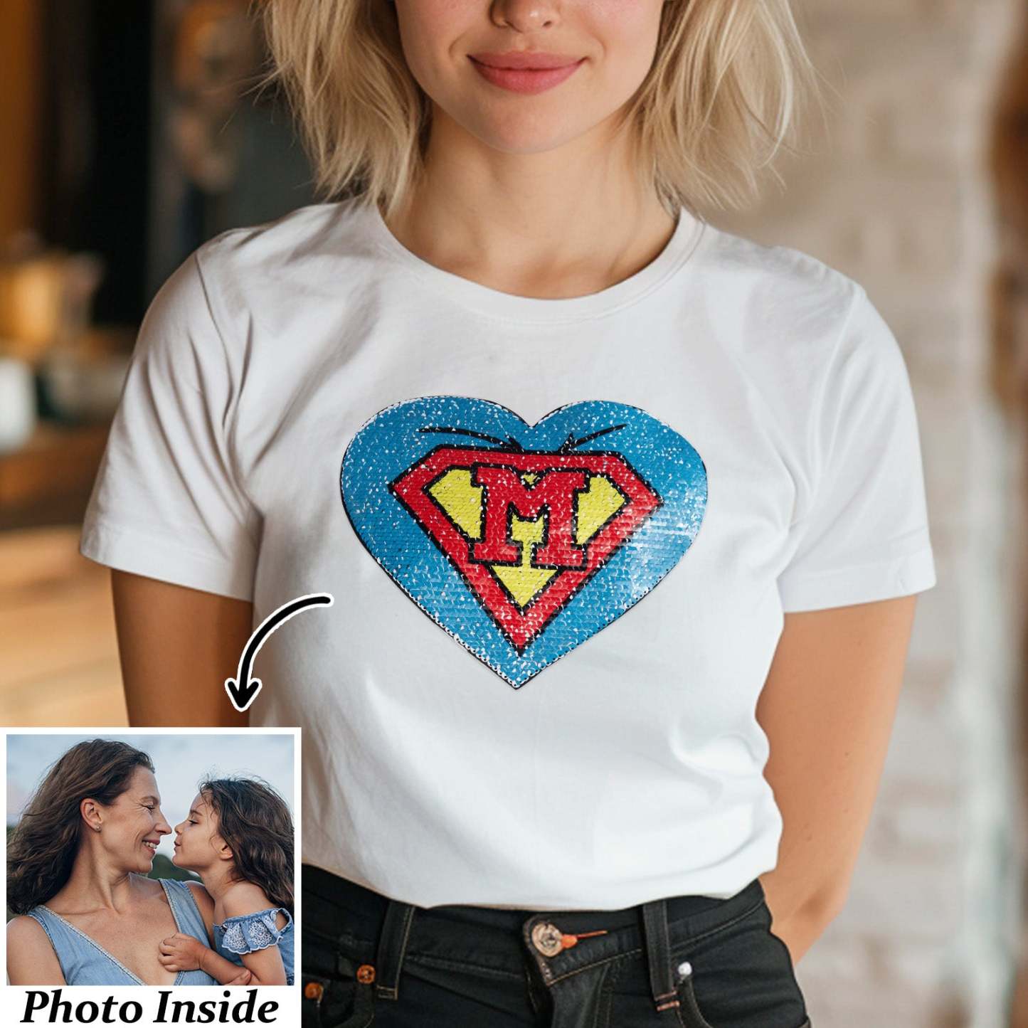Custom Shirt Personalized Photo Heart Flip Double Sided Sequin T-shirt Personalized T-shirt Custom Picture Sequin Tee Mother's Day Gifts - MyFaceBoxer