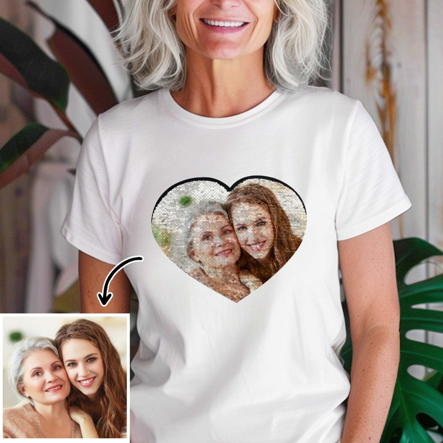 Custom Shirt Personalized Photo Heart Flip Double Sided Sequin T-shirt Personalized T-shirt Custom Picture Sequin Tee Mother's Day Gifts - MyFaceBoxer