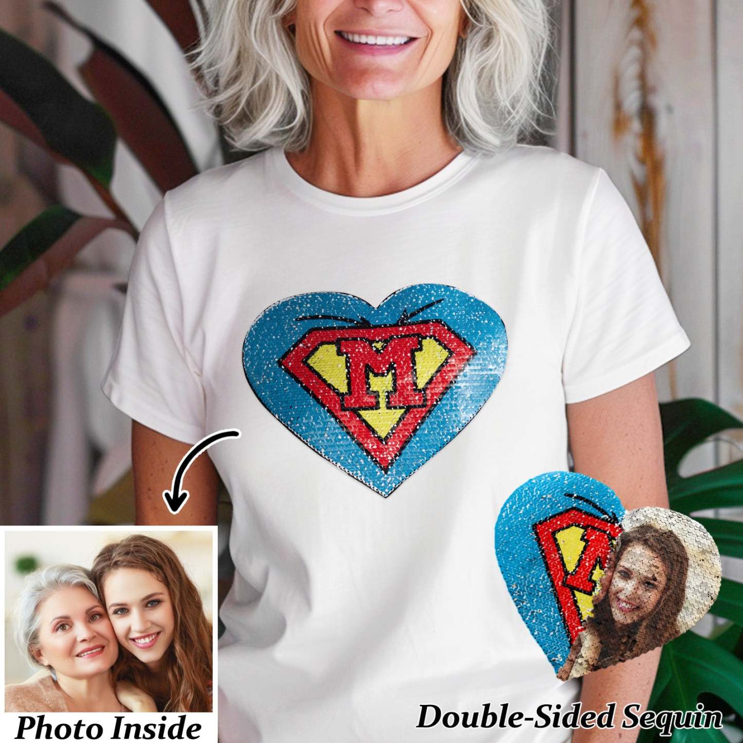 Custom Shirt Personalized Photo Heart Flip Double Sided Sequin T-shirt Personalized T-shirt Custom Picture Sequin Tee Mother's Day Gifts - MyFaceBoxer