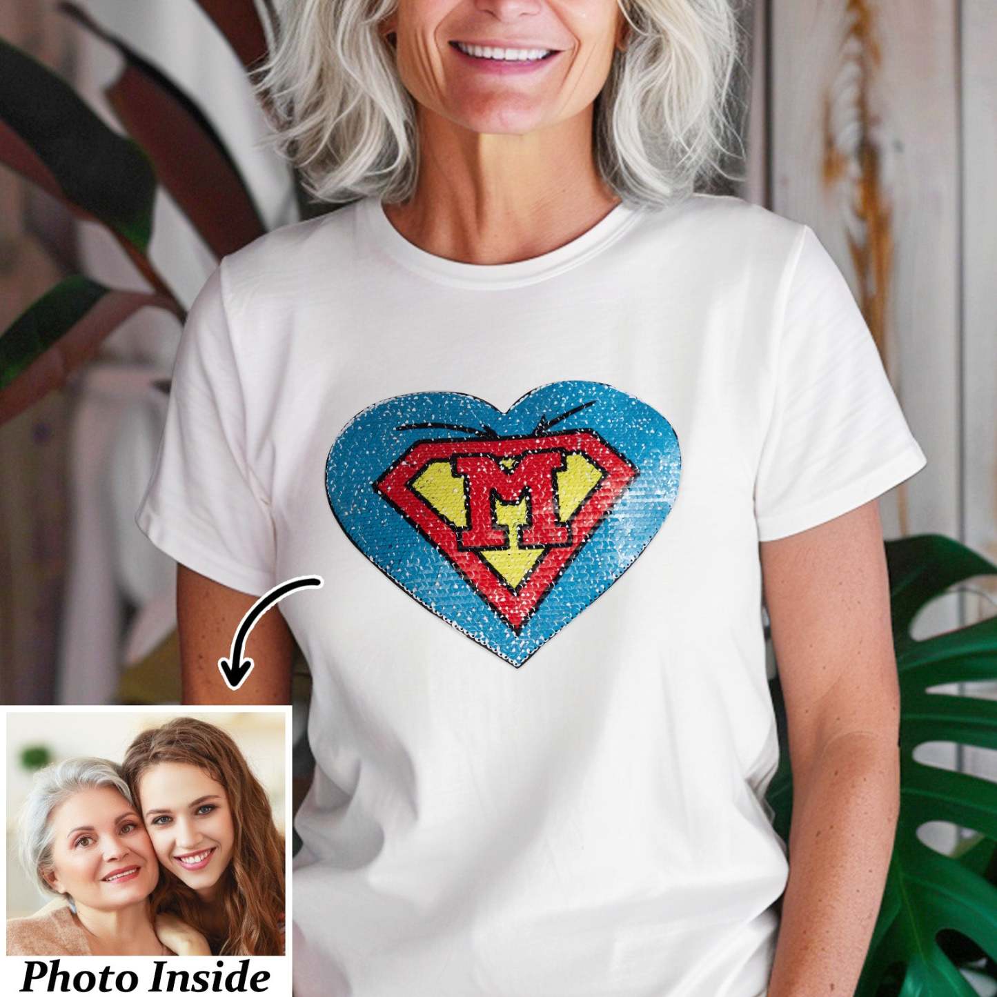 Custom Shirt Personalized Photo Heart Flip Double Sided Sequin T-shirt Personalized T-shirt Custom Picture Sequin Tee Mother's Day Gifts - MyFaceBoxer