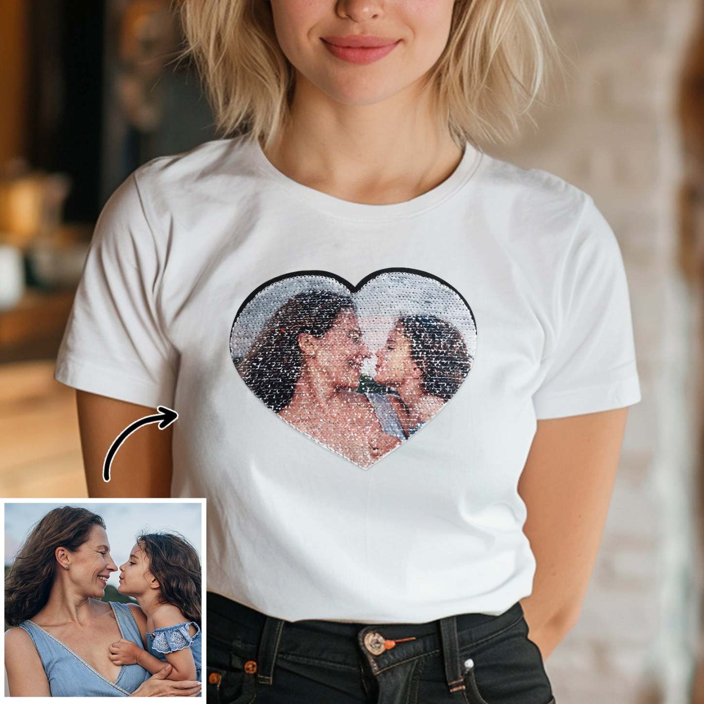 Custom Shirt Personalized Photo Heart Flip Double Sided Sequin T-shirt Personalized T-shirt Custom Picture Sequin Tee Mother's Day Gifts - MyFaceBoxer