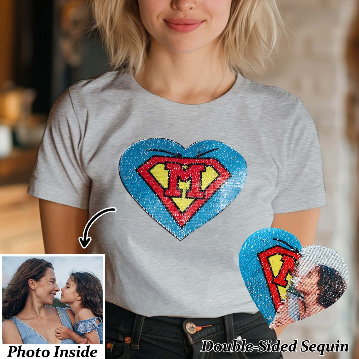 Custom Shirt Personalized Photo Heart Flip Double Sided Sequin T-shirt Personalized T-shirt Custom Picture Sequin Tee Mother's Day Gifts - MyFaceBoxer