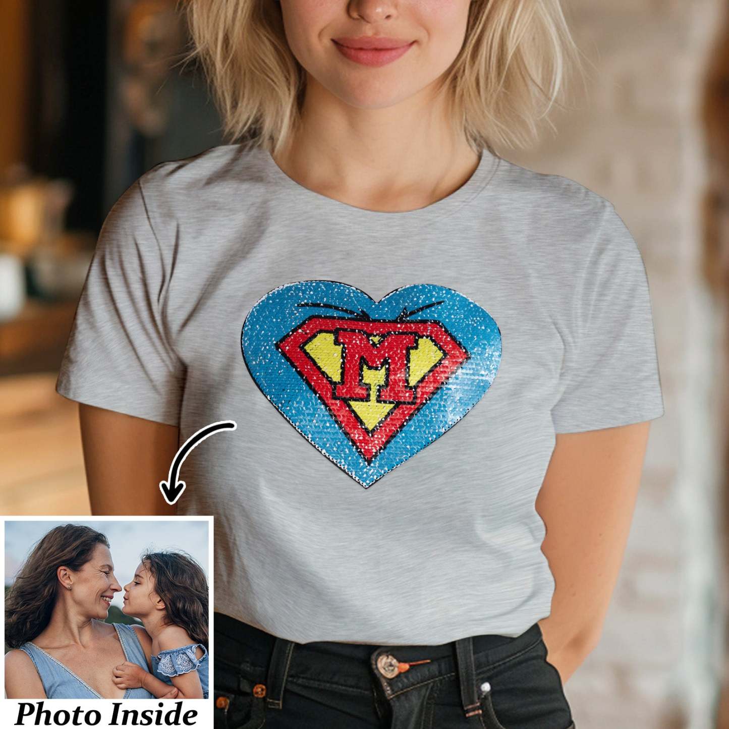 Custom Shirt Personalized Photo Heart Flip Double Sided Sequin T-shirt Personalized T-shirt Custom Picture Sequin Tee Mother's Day Gifts - MyFaceBoxer