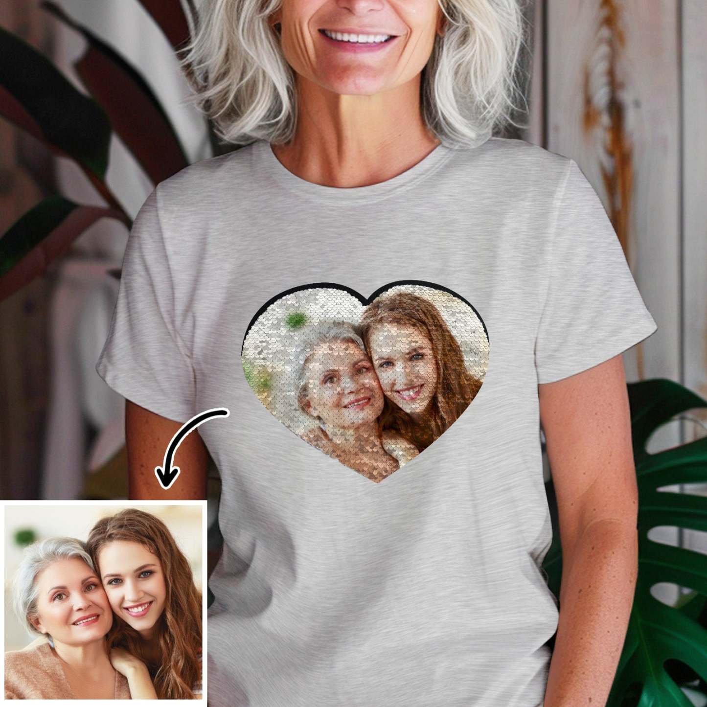 Custom Shirt Personalized Photo Heart Flip Double Sided Sequin T-shirt Personalized T-shirt Custom Picture Sequin Tee Mother's Day Gifts - MyFaceBoxer